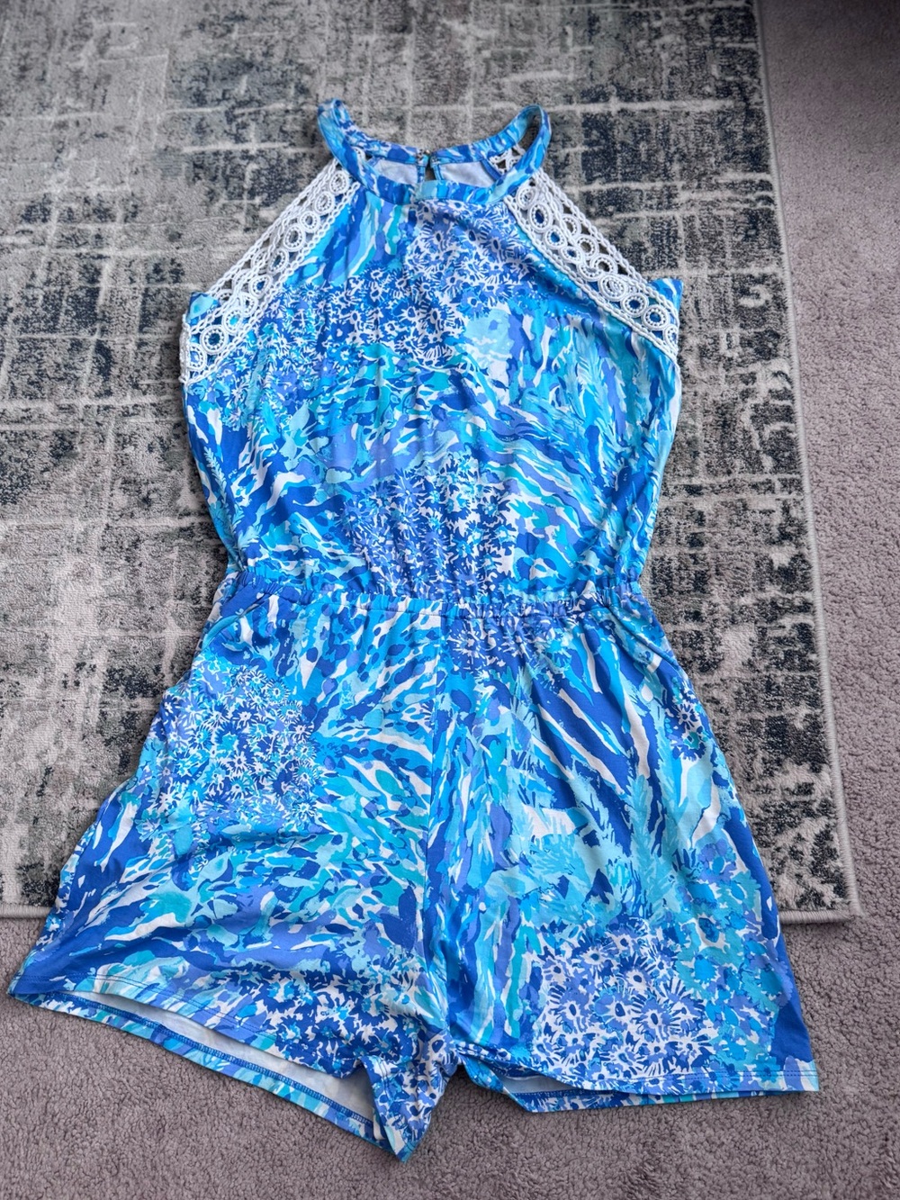 Lilly Pulitzer Blue Multi Floral Lace-Trim Halter Romper